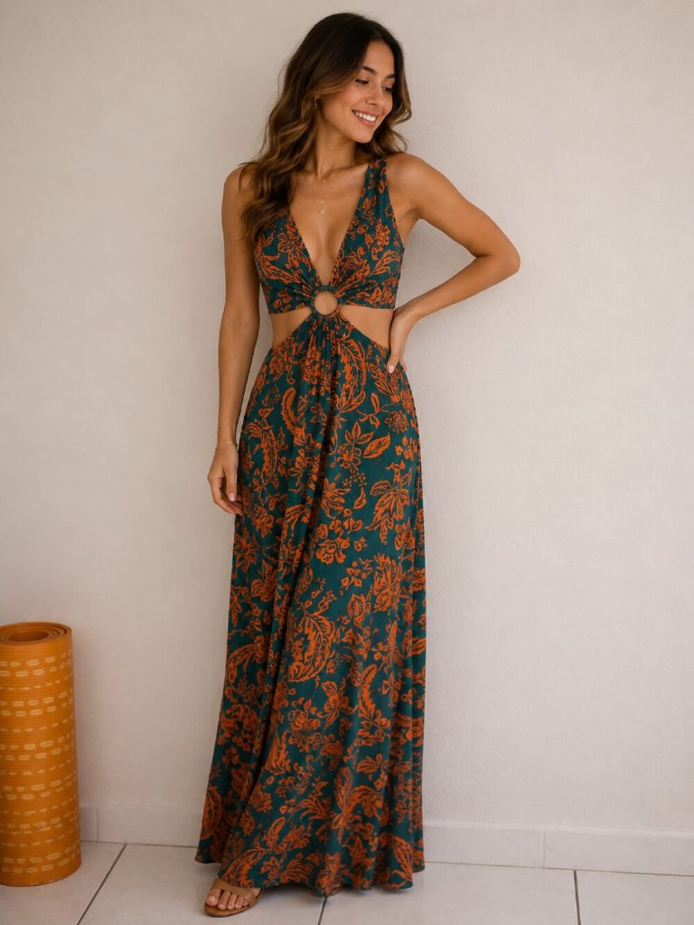 Green and Orange Floral Cutout Maxi Dress